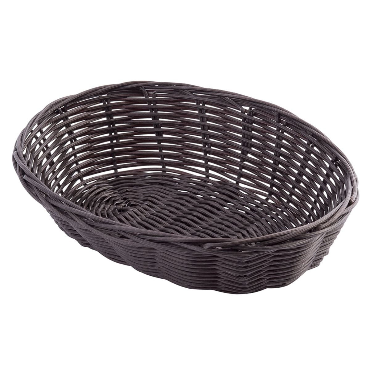 Tablecraft 1474 brown oval hand-woven polypropylene basket, angled three-quarter view