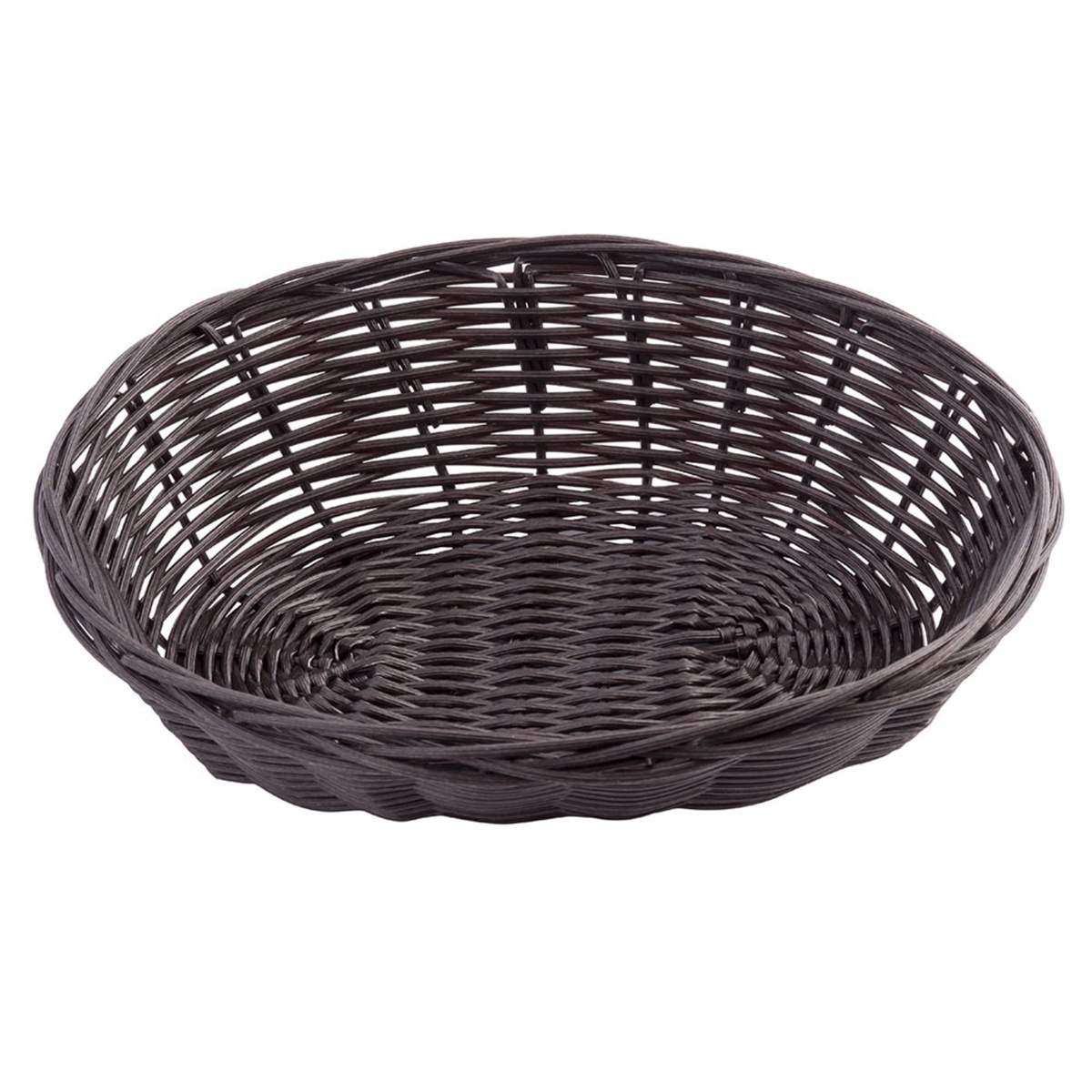 Tablecraft brown round hand-woven polypropylene basket, overhead side-angle view