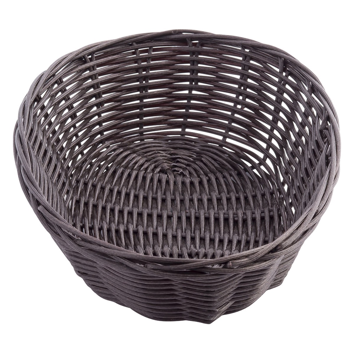 Tablecraft brown round woven polypropylene basket, top-down interior view showing tight weave pattern