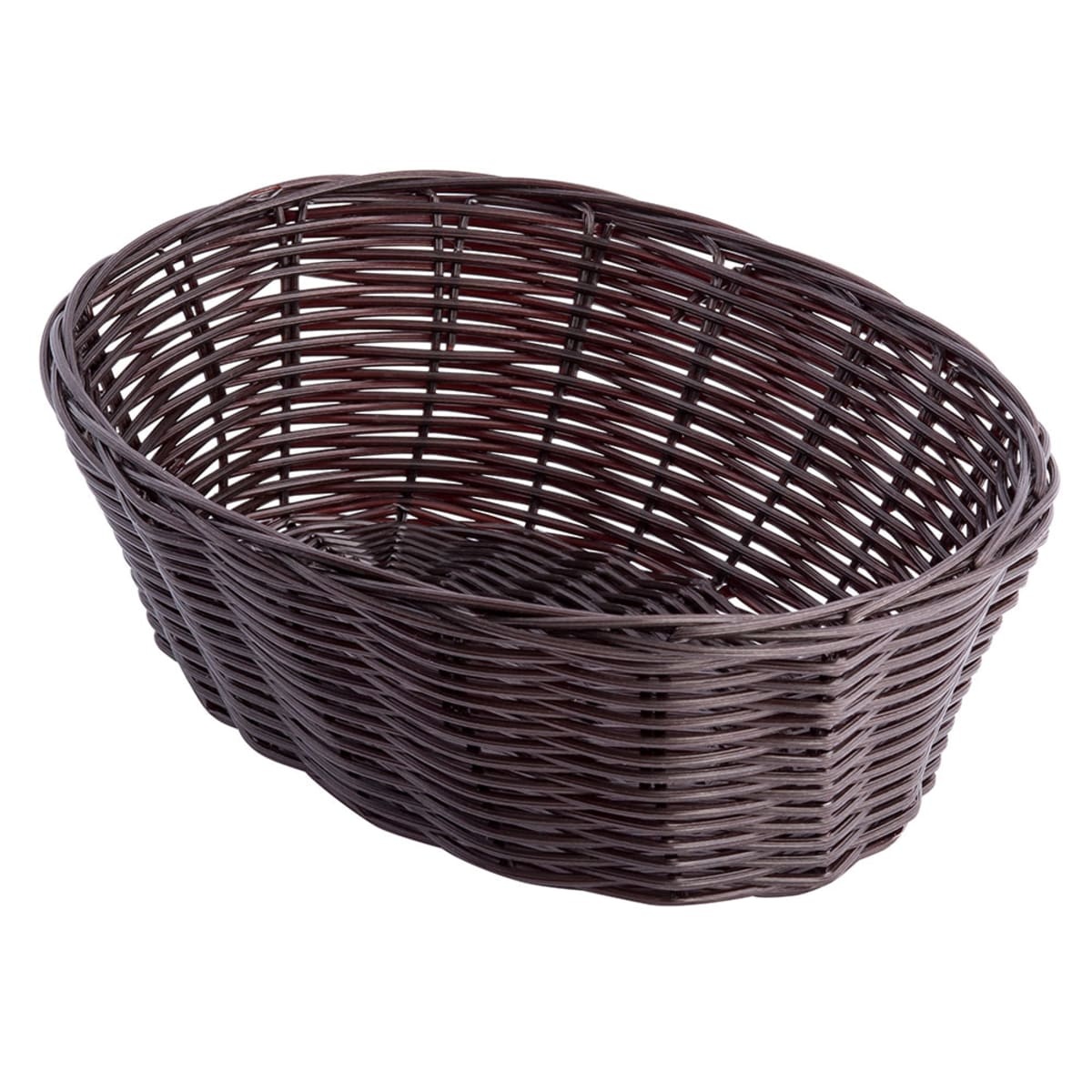 Tablecraft 1476 brown oval handwoven polypropylene basket, angled 3/4 view