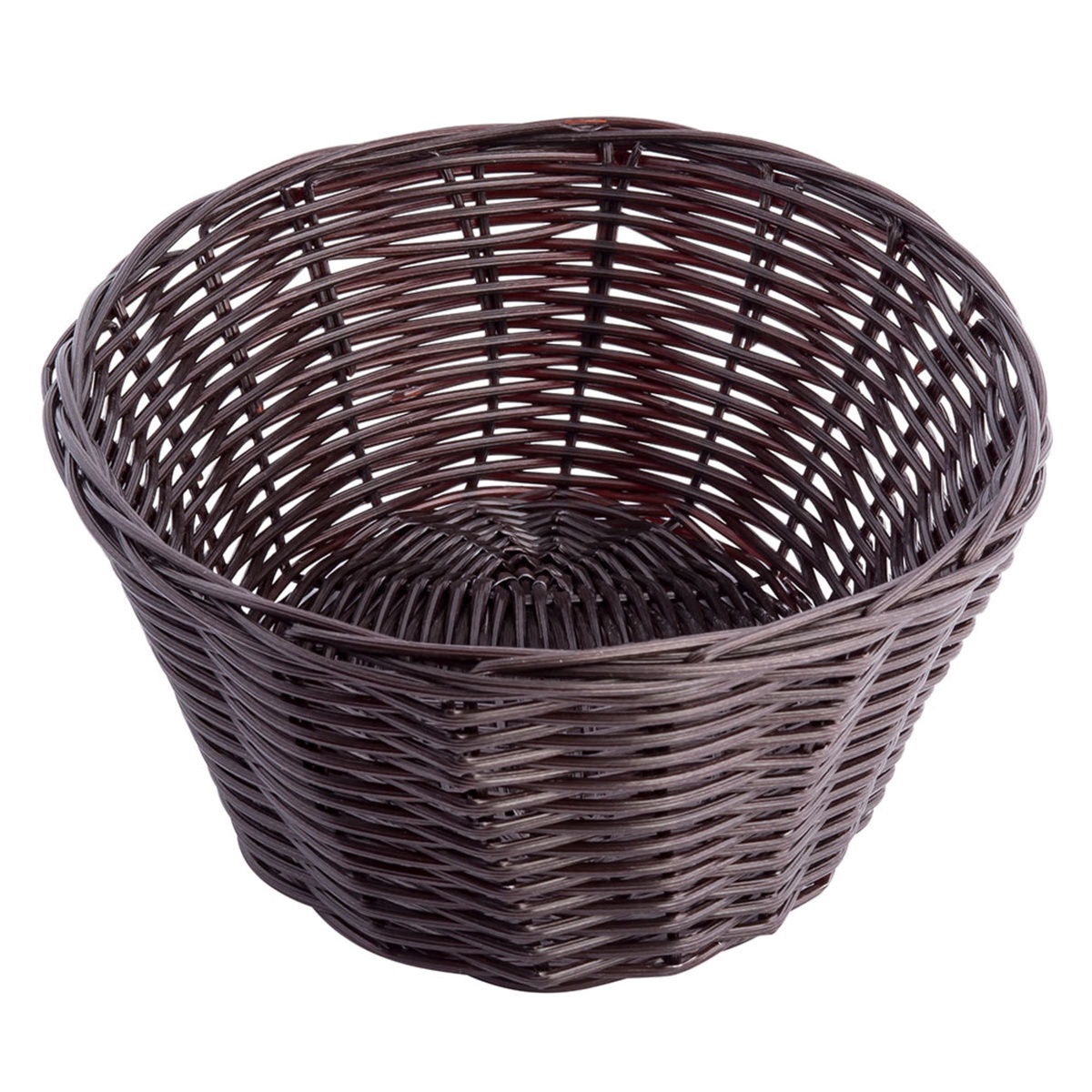 Tablecraft brown round woven polypropylene basket showing interior bottom weave pattern from above