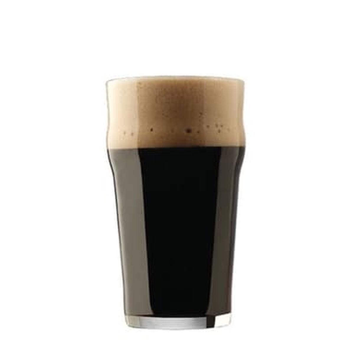 Libbey 14806HT English pub glass filled with dark stout beer and a creamy foam head