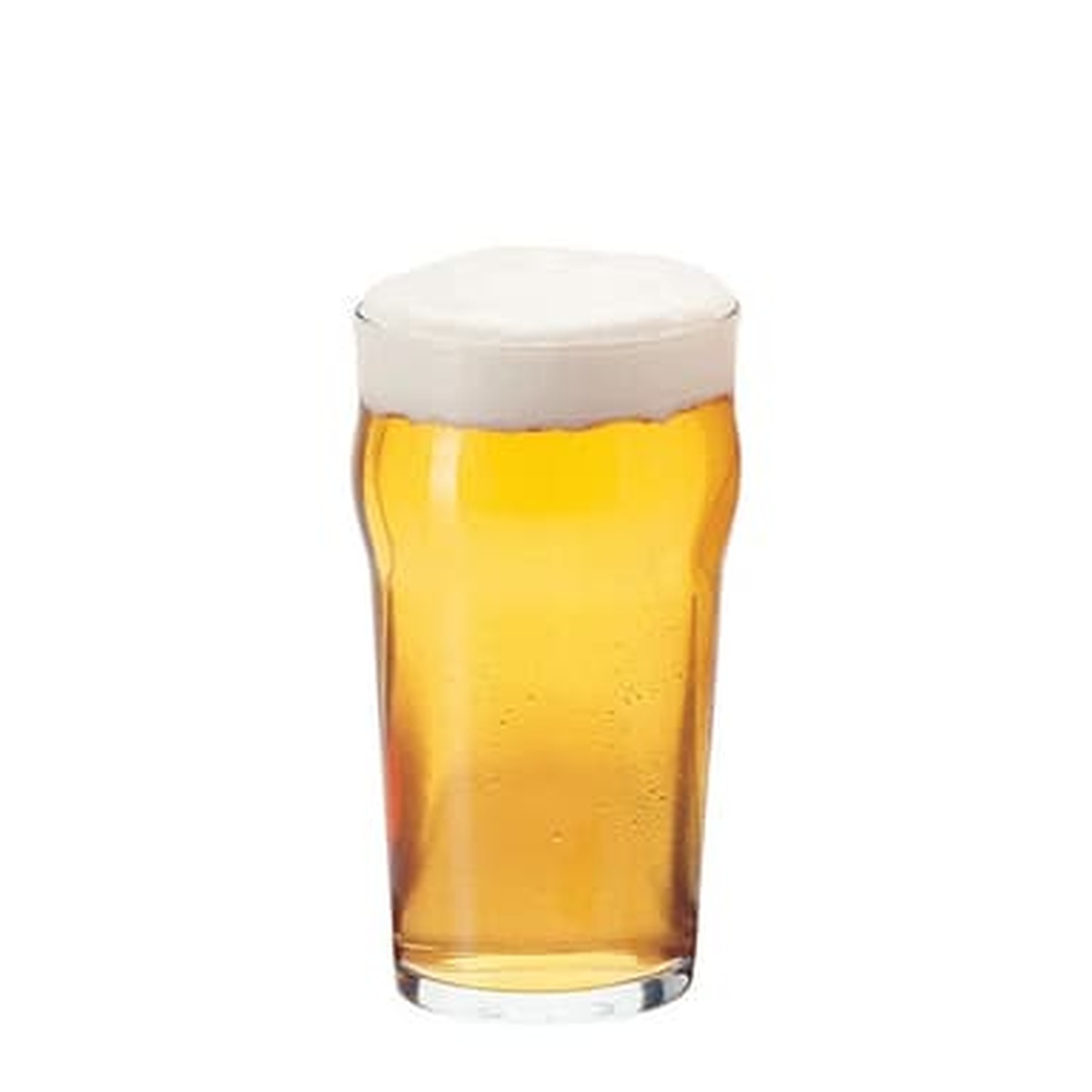 Libbey 14806HT English pub glass filled with golden lager and a frothy head