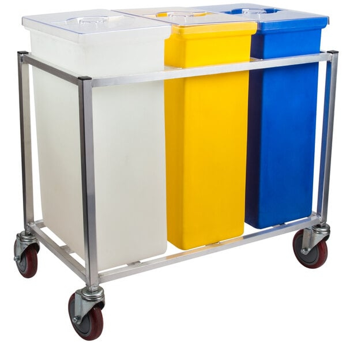 Winholt 148PIB triple ingredient bin angled view showing clear lids and full aluminum frame on casters