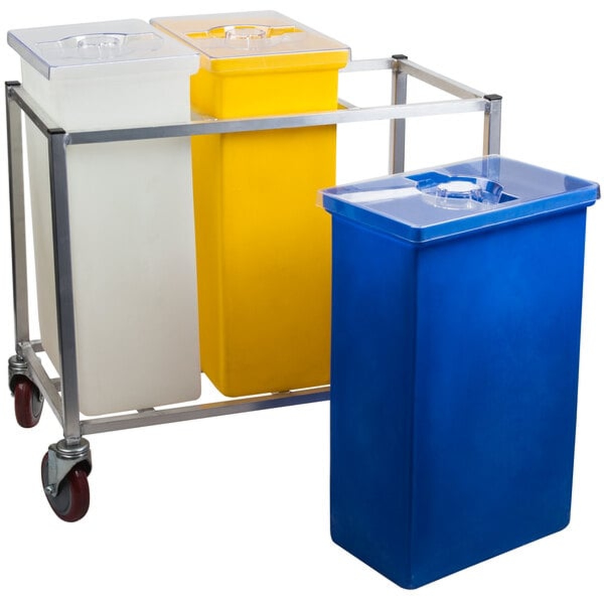 Winholt 148PIB ingredient bin with blue bin pulled out from aluminum frame showing removable design