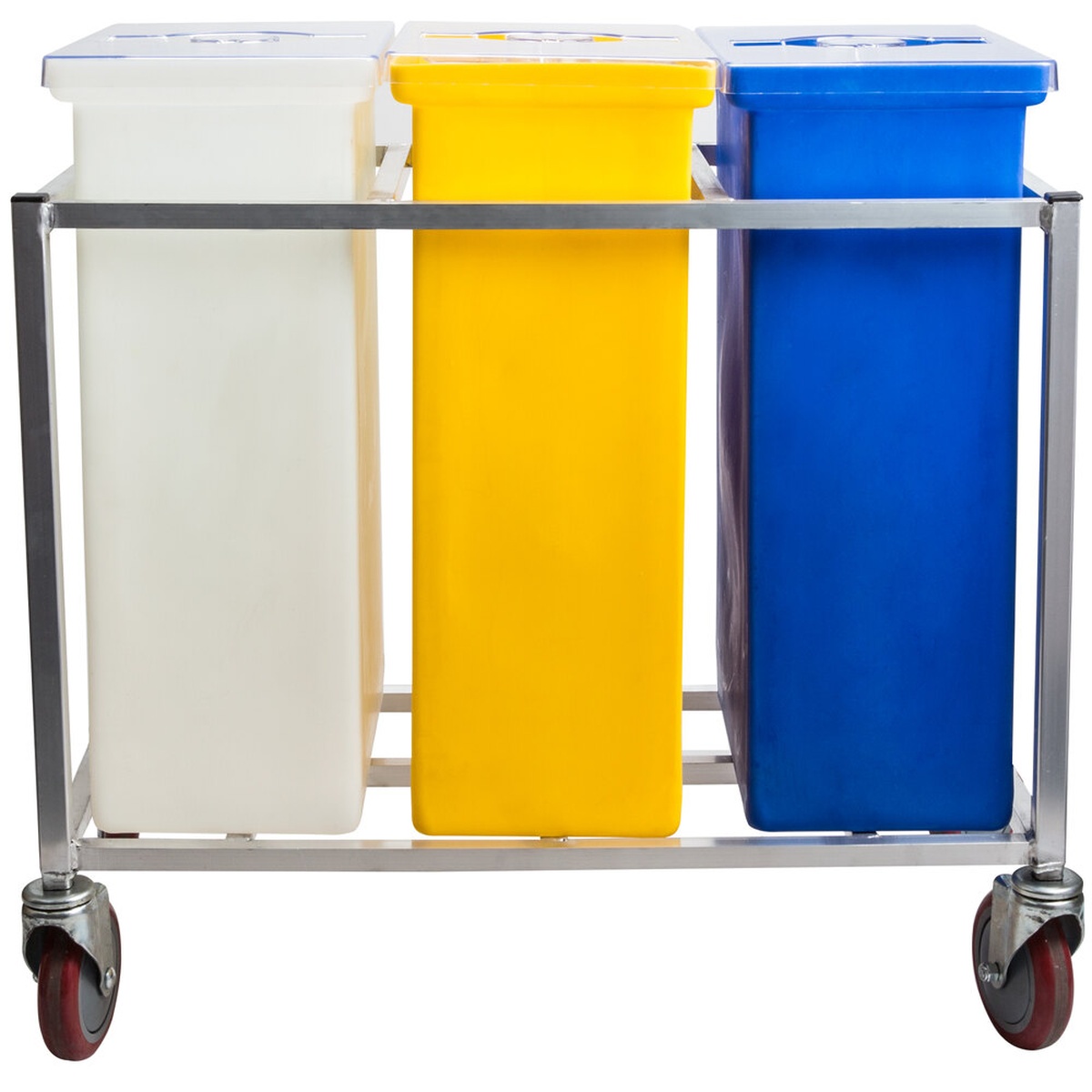 Winholt 148PIB triple ingredient bin with white, yellow, and blue bins on aluminum frame with casters, front view