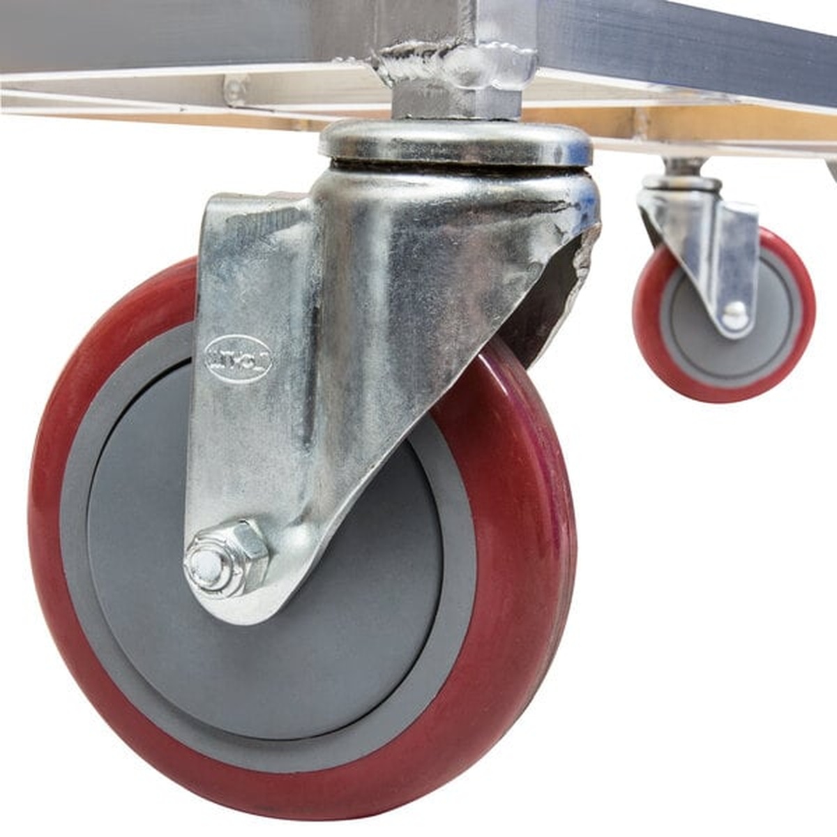 Close-up of 5-inch swivel caster on Winholt 148PIB aluminum ingredient bin frame