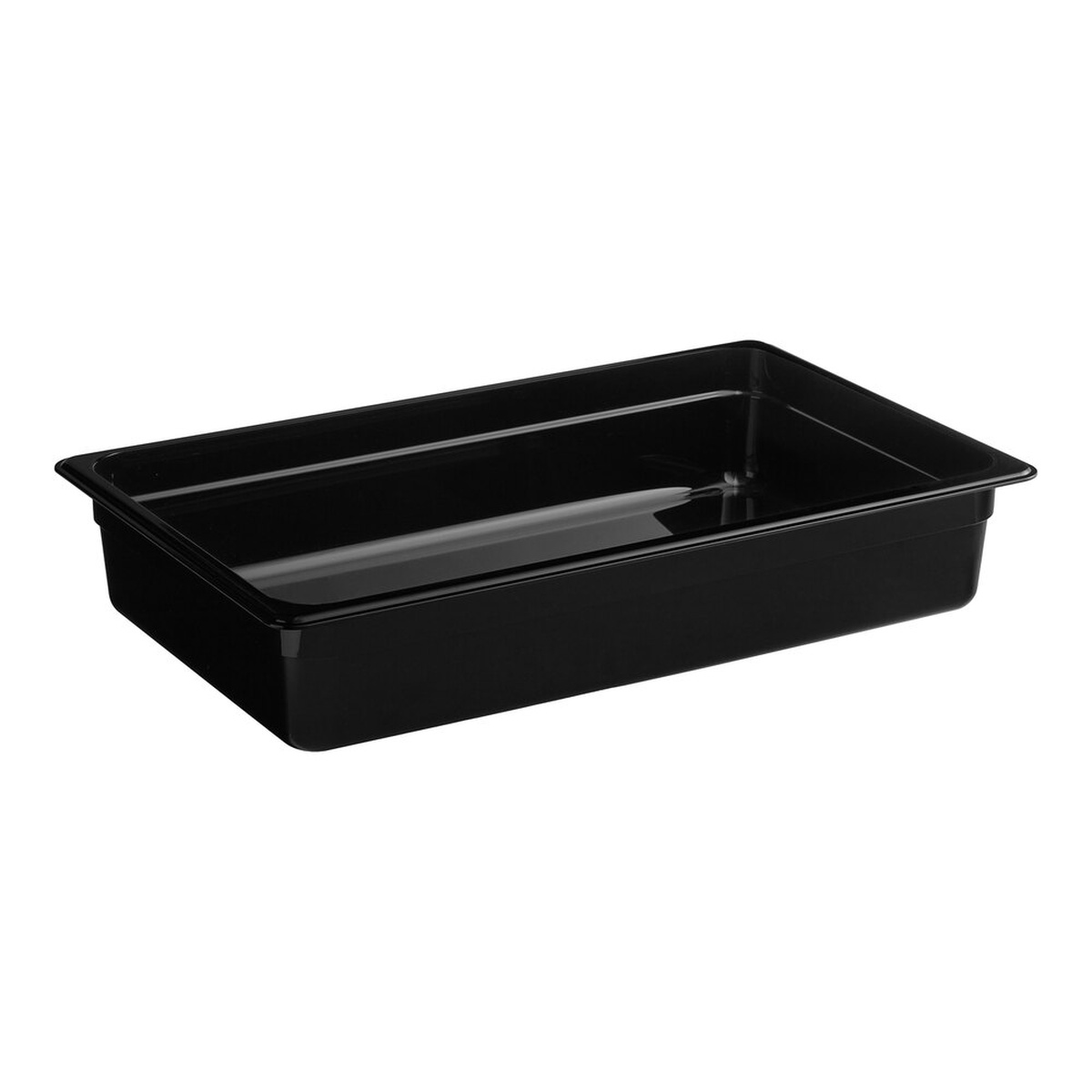 Cambro 14CW110 full size black polycarbonate food pan, 4 inches deep, shown from a three-quarter angle
