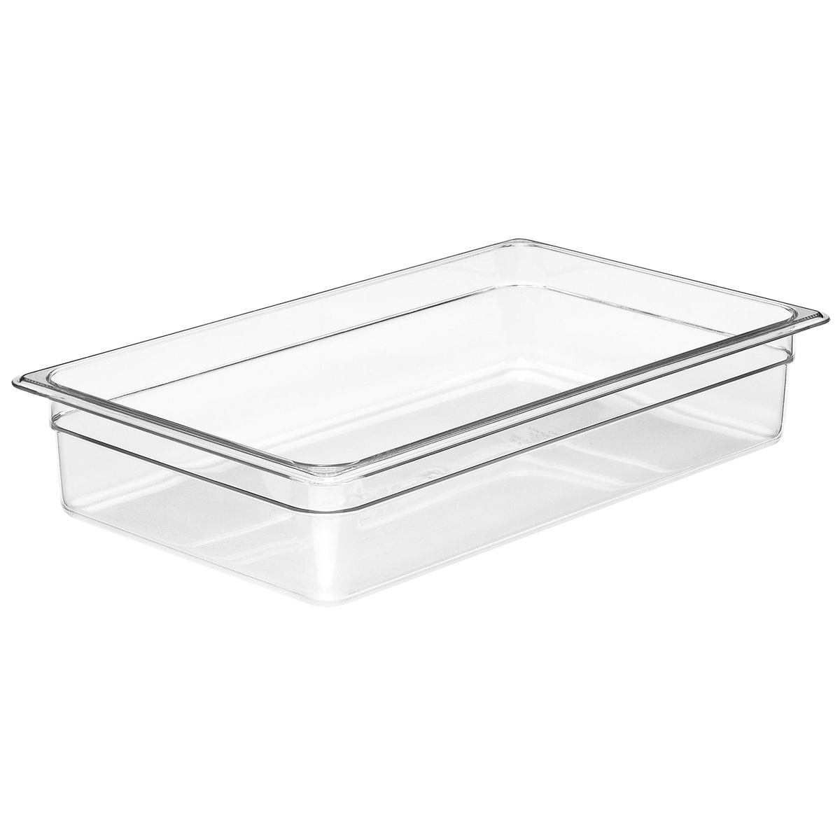 Cambro 14CW135 full size clear polycarbonate food pan, 4 inch depth, shown from a 3/4 angle on white background