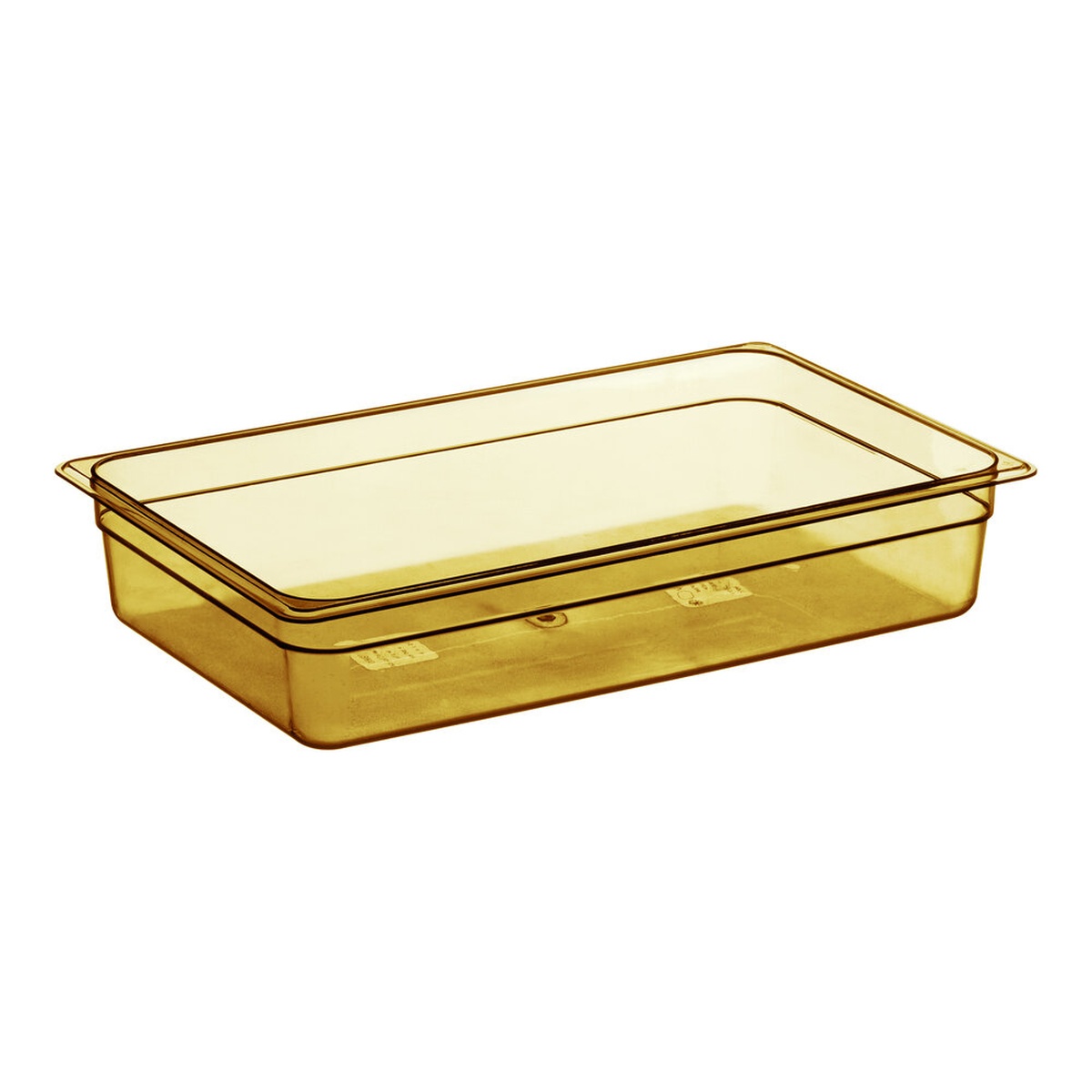 Cambro 14HP150 full size amber high heat plastic food pan, 4 inches deep, shown on white background