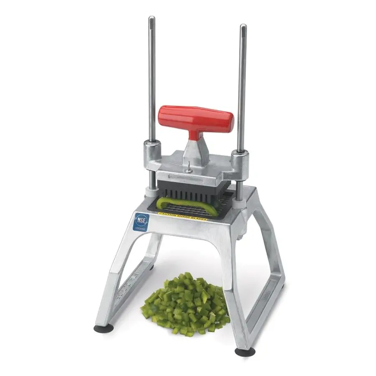 Vollrath 15017 InstaCut 3.5 wall-mount dicer with red handle and diced vegetables