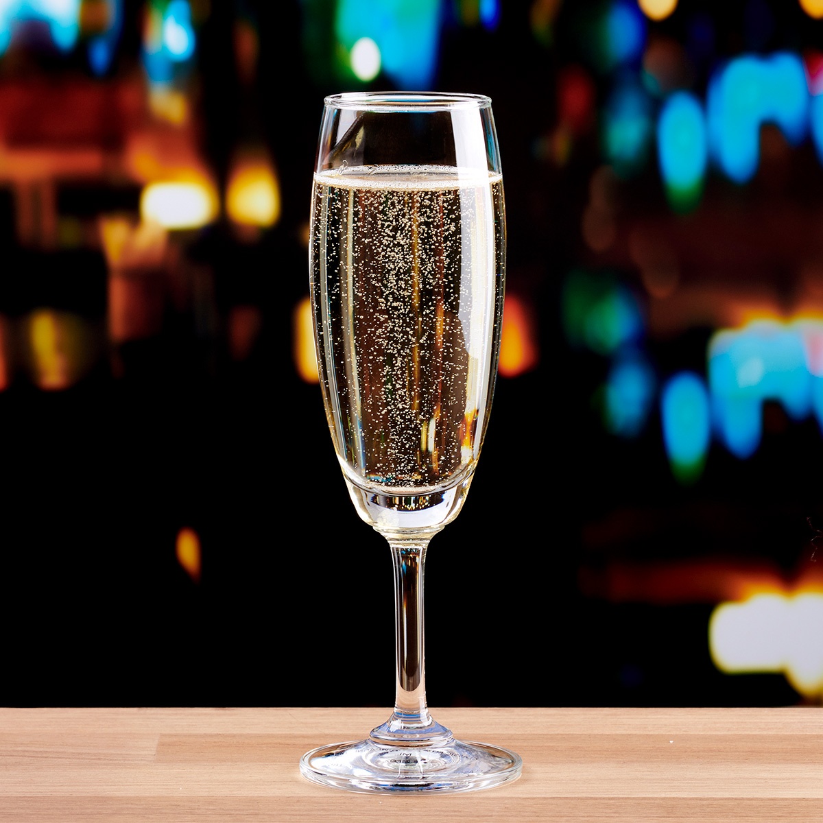 Anchor Hocking 1501F07 Classic Champagne Flute filled with sparkling wine, showing slender bowl and stem base
