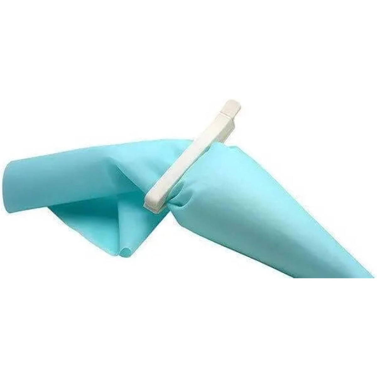 White Ateco bag clip clamped onto a folded teal decorating pastry bag