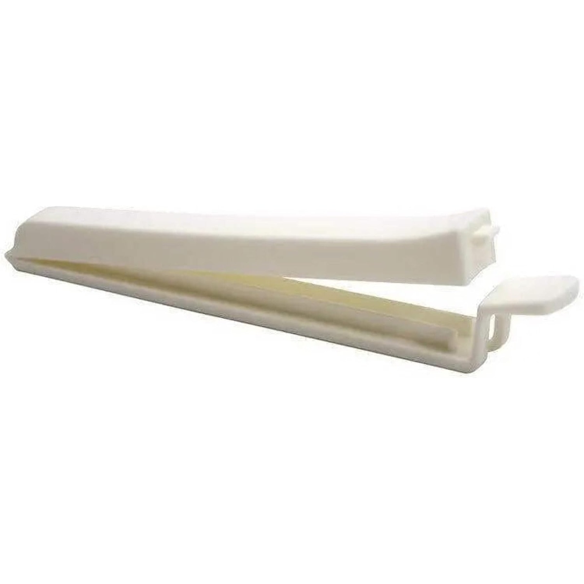 Close-up of a single white Ateco polypropylene decorating bag clip