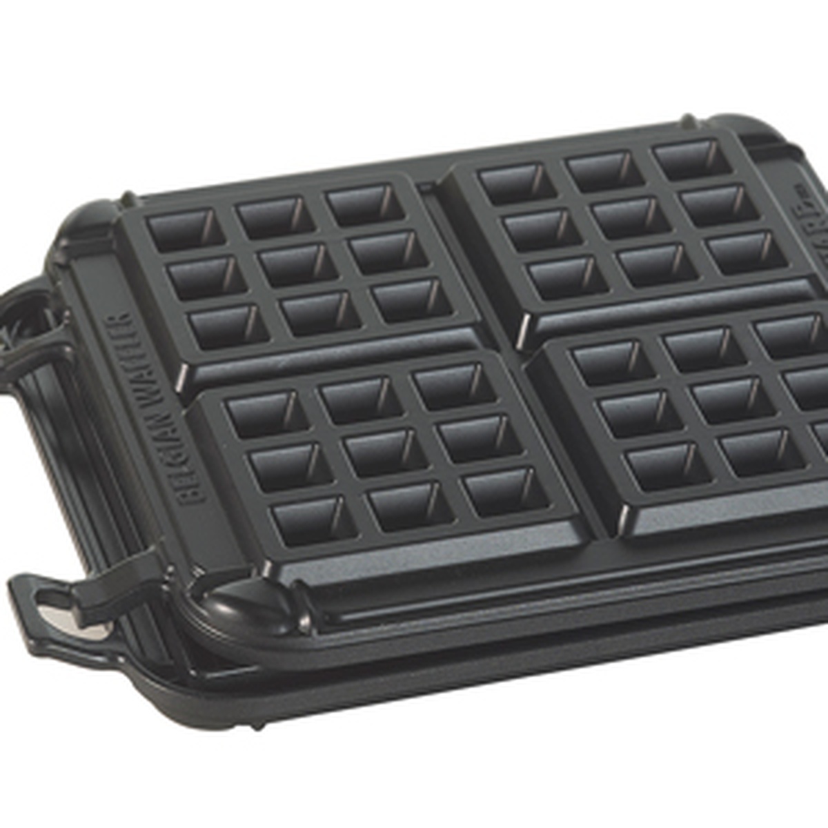Nordic Ware 15040 Belgian waffle maker closed top-down view showing four-section nonstick grid pattern