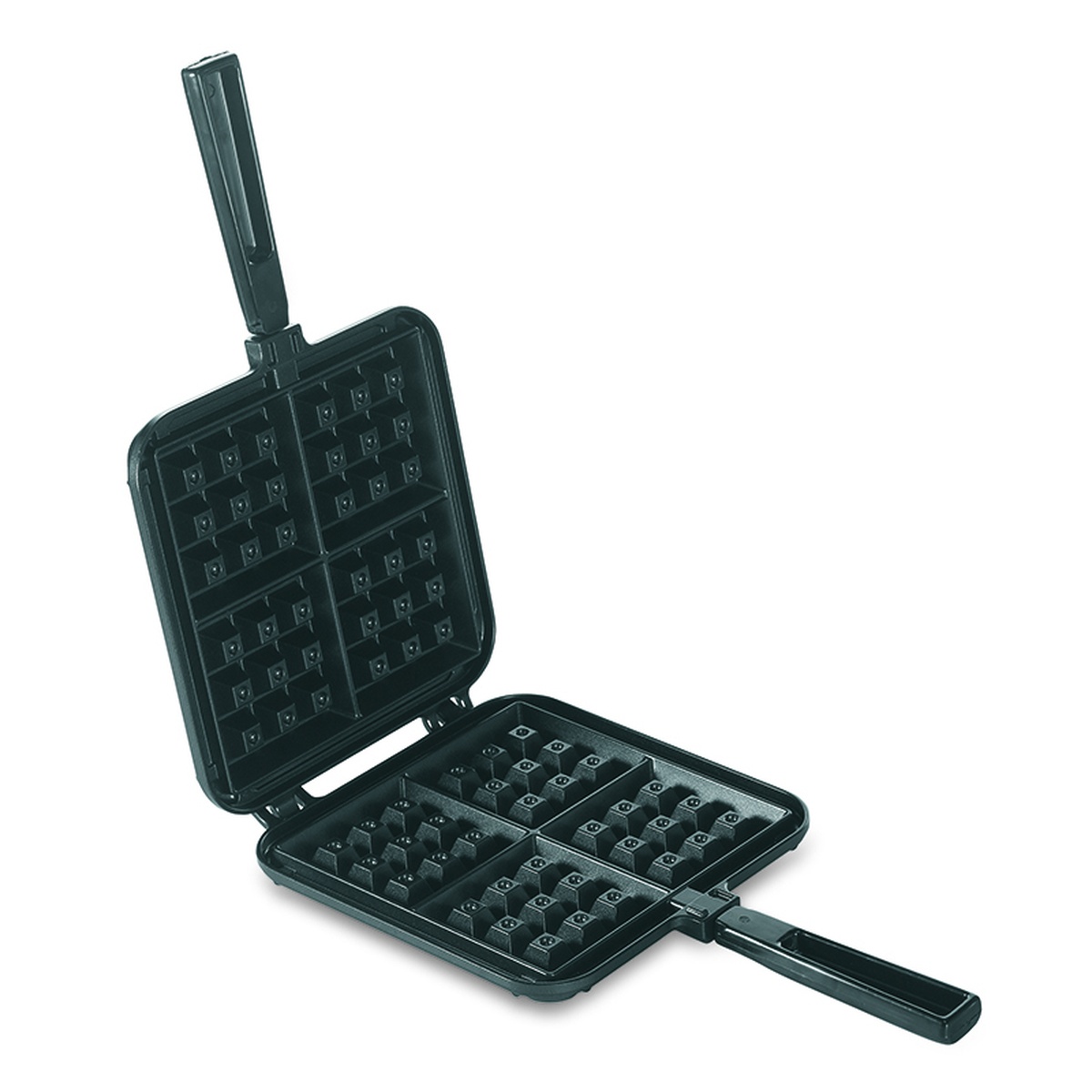 Nordic Ware 15040 Belgian waffle maker open showing nonstick cooking plates and stay-cool handles