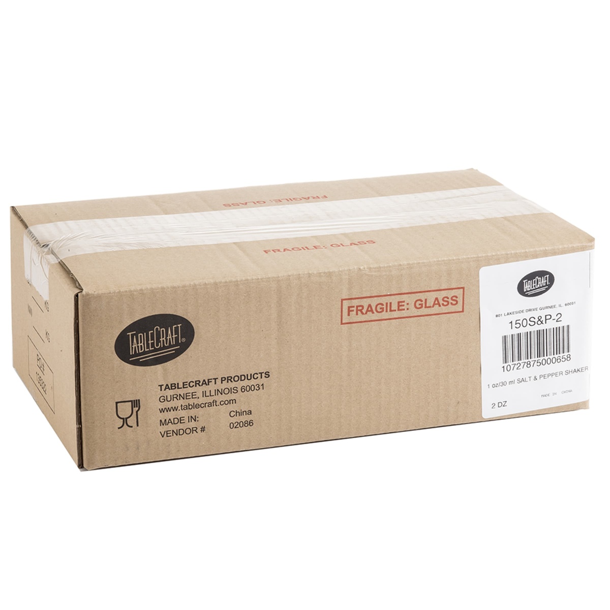 Tablecraft 150S&P-2 shipping carton labeled FRAGILE: GLASS showing model number and 2 dozen pack quantity