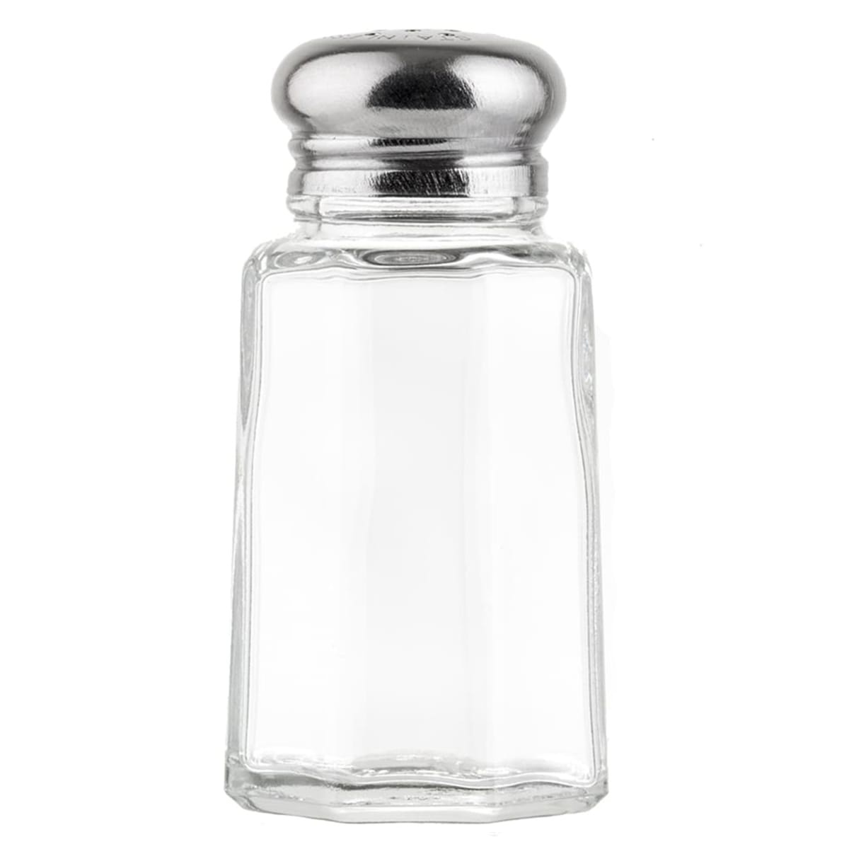 Tablecraft 150S&P-2 clear paneled glass salt and pepper shaker with stainless steel dome top, upright view