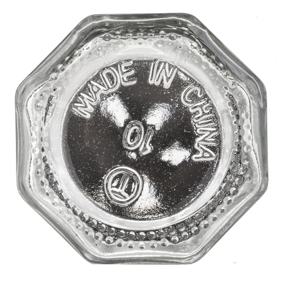 Bottom view of the Tablecraft paneled glass shaker showing octagonal base molding and glass construction markings