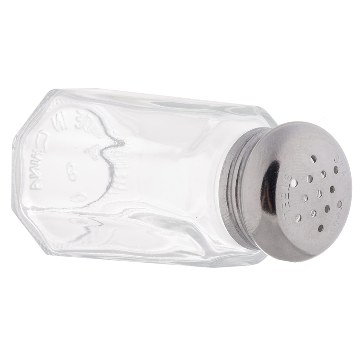 Tablecraft salt and pepper shaker lying on its side showing the perforated stainless steel top with dispensing holes