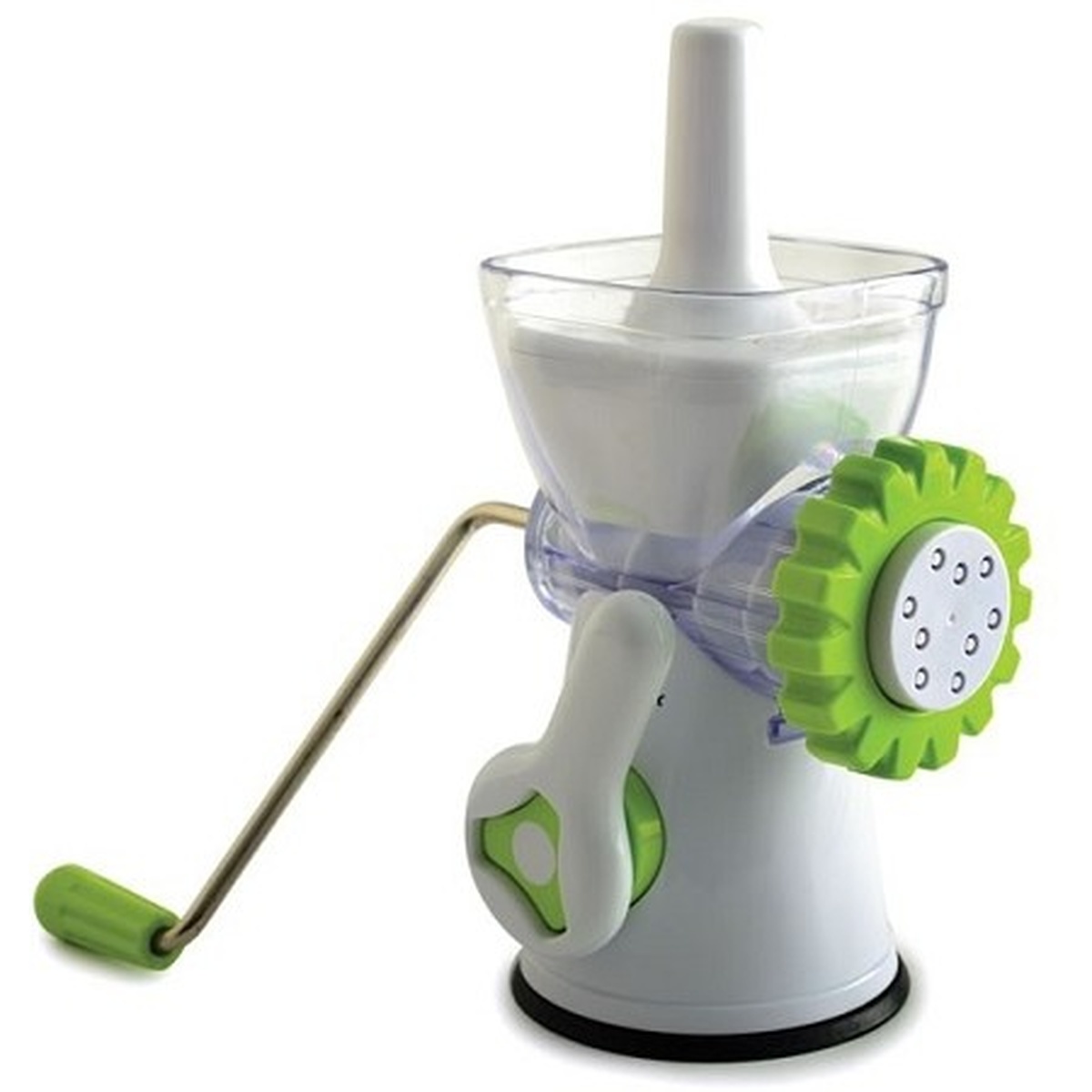 Norpro 151 manual grinder and pasta maker with green hand crank, transparent hopper, and green mincing disc attachment