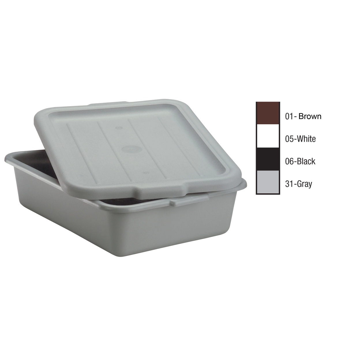 Vollrath Traex gray bus tub shown with a compatible snap-on lid, displaying available color options: brown, white, black, and gray