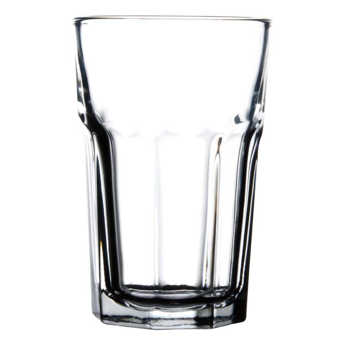 Libbey Gibraltar 10 oz. clear beverage glass with vertical panels and octagonal base on white background