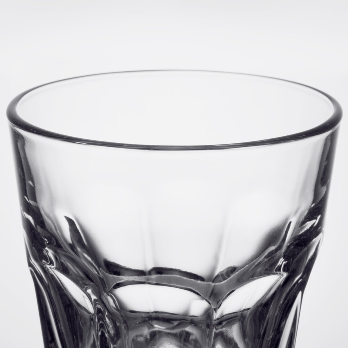 Top-down close-up of the Libbey Gibraltar 15240 glass rim and upper paneled body showing crystal-clear clarity