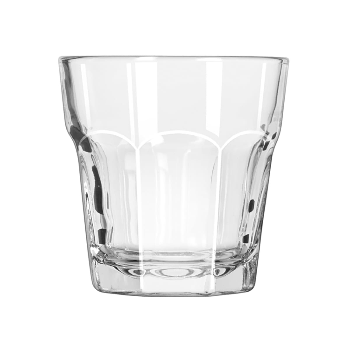 Libbey Gibraltar 7 oz rocks glass, side profile showing paneled lower half and wider tapered top