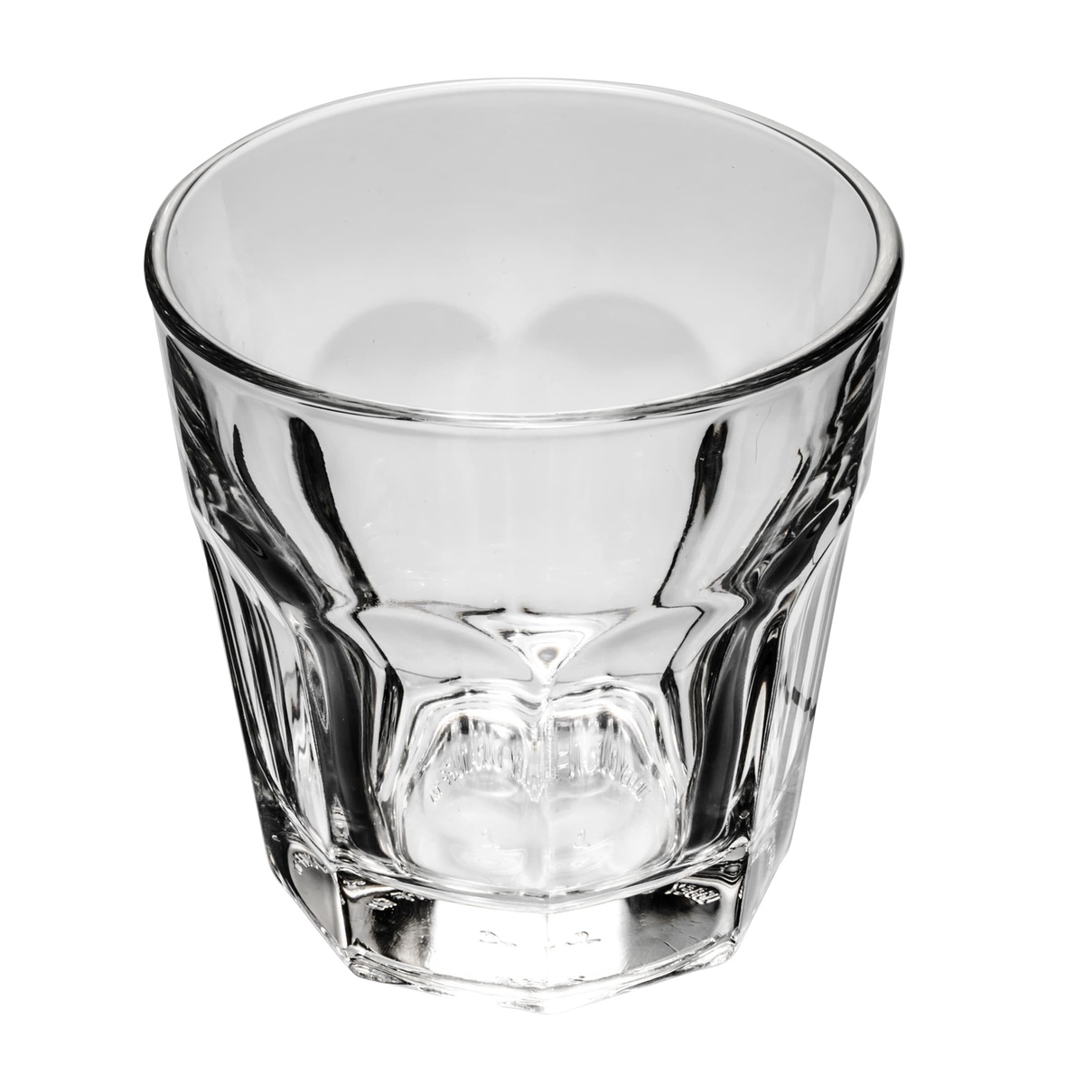 Libbey Gibraltar rocks glass angled top-down view highlighting the geometric paneled base and wide opening
