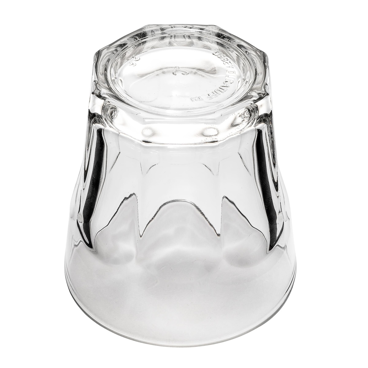 Libbey Gibraltar rocks glass inverted bottom-up view showing the geometric octagonal base and DuraTuff embossing