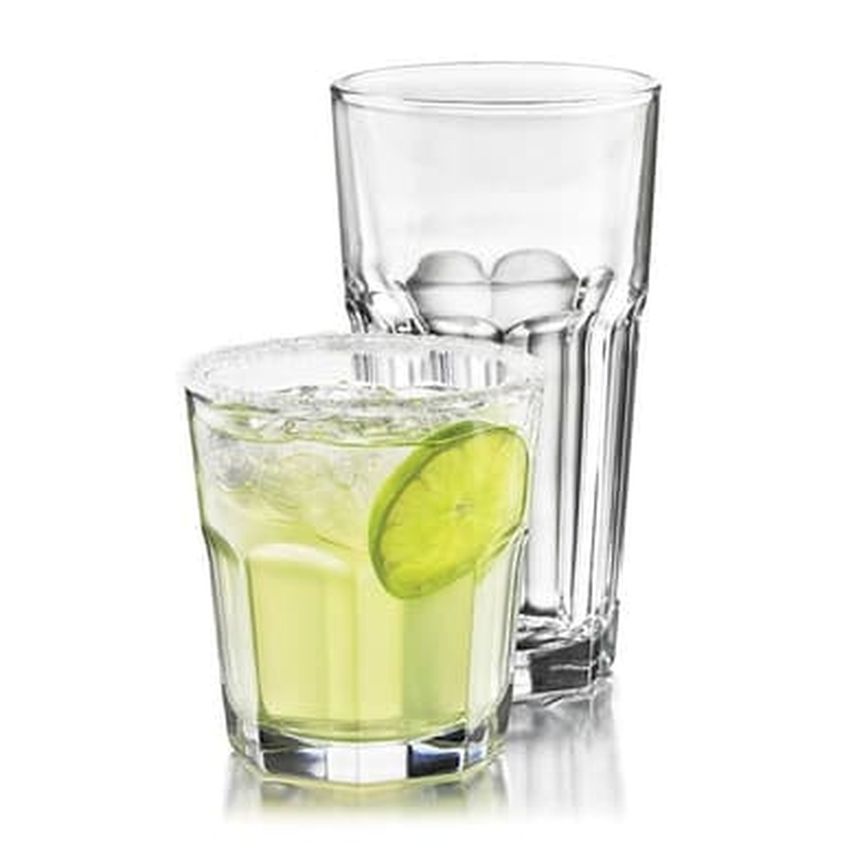 Two Libbey Gibraltar glasses side by side, one rocks and one highball, filled with a green lime cocktail