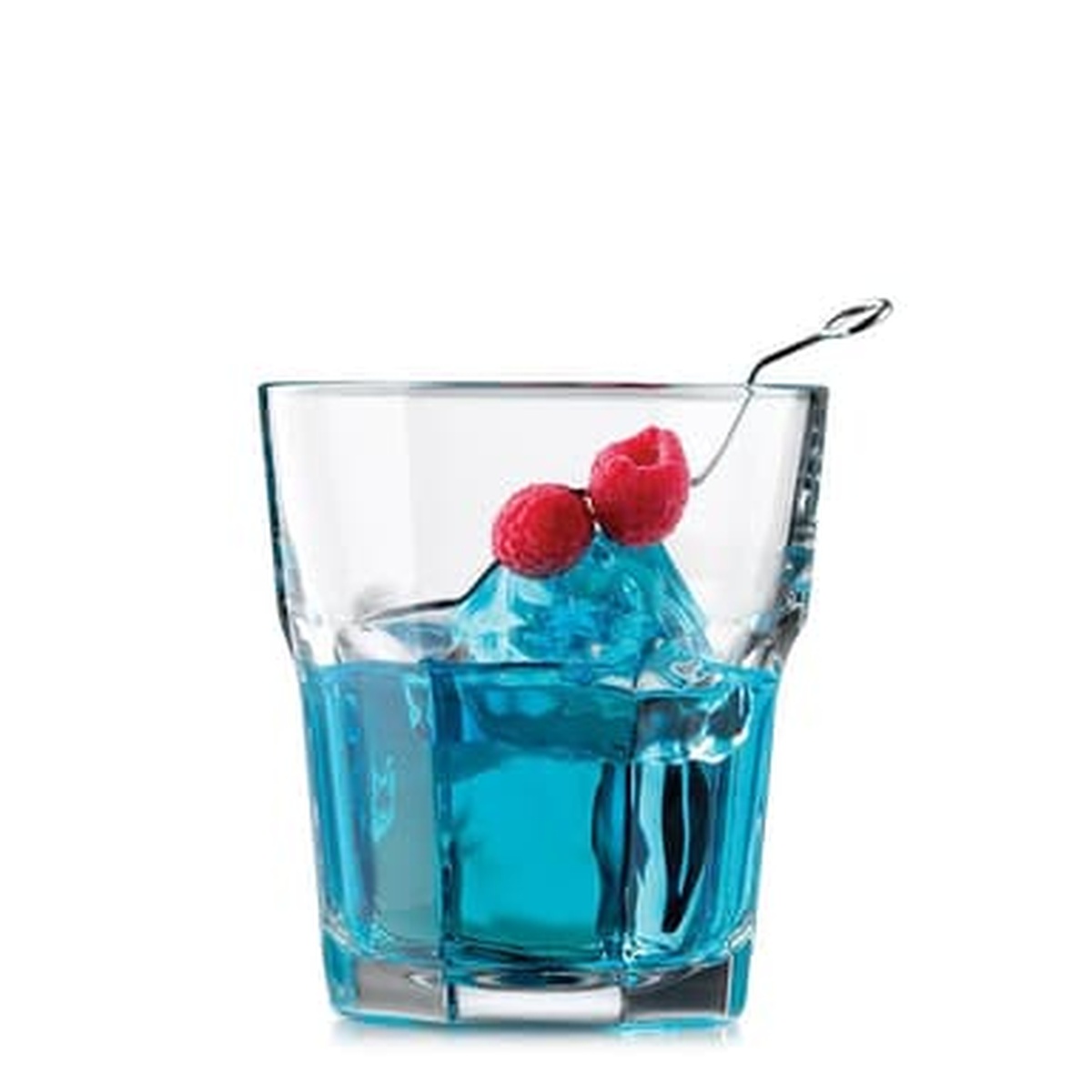 Libbey Gibraltar double rocks glass filled with blue cocktail, ice, and raspberries