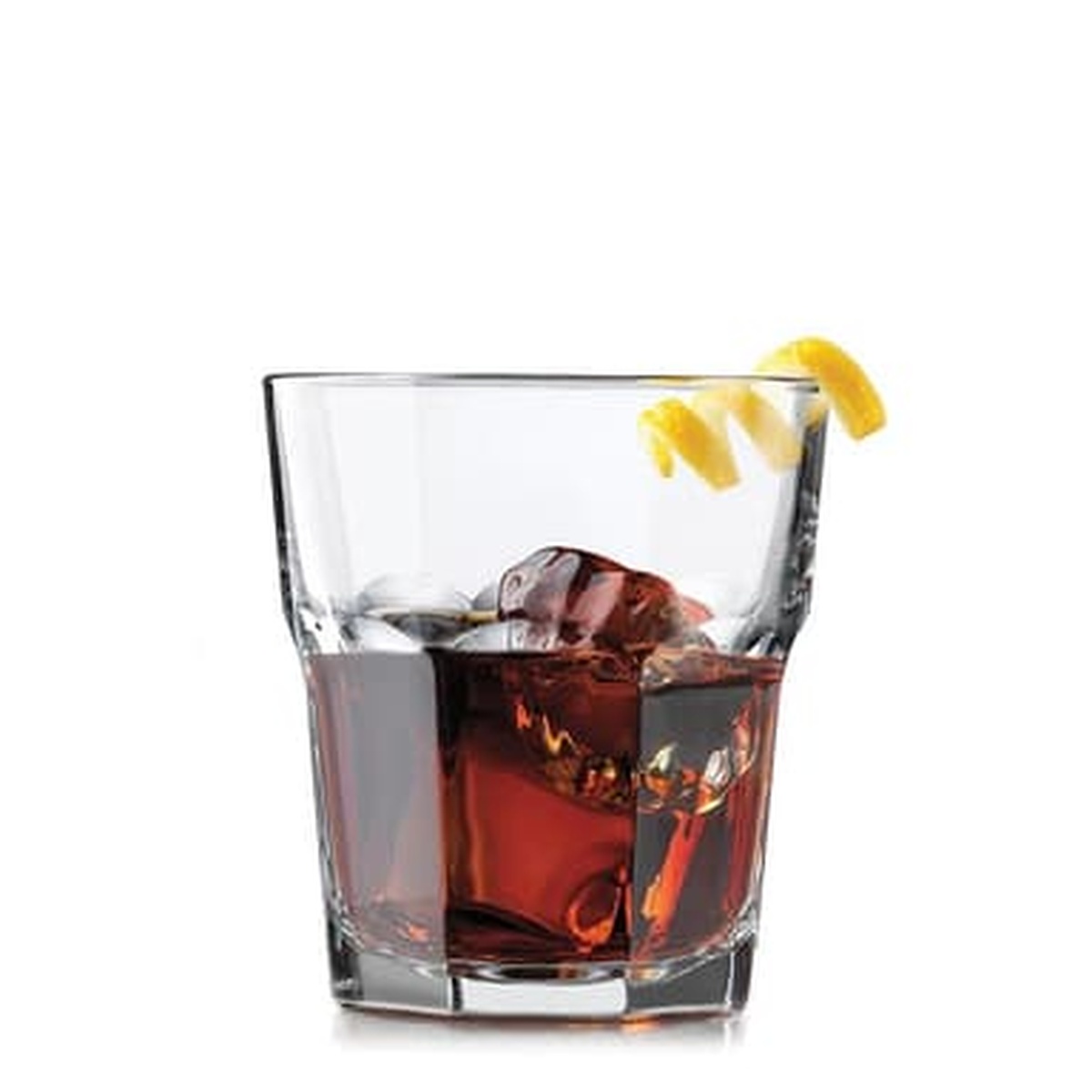 Libbey Gibraltar double rocks glass filled with dark cocktail over ice with lemon twist garnish