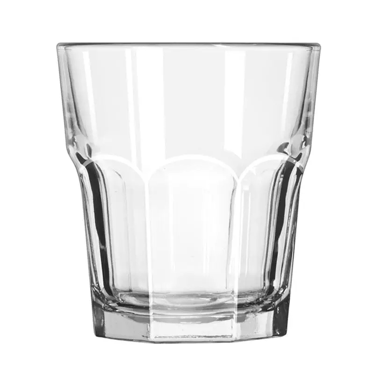 Libbey Gibraltar 15243 12 oz clear double rocks glass, empty, showing eight-sided paneled design