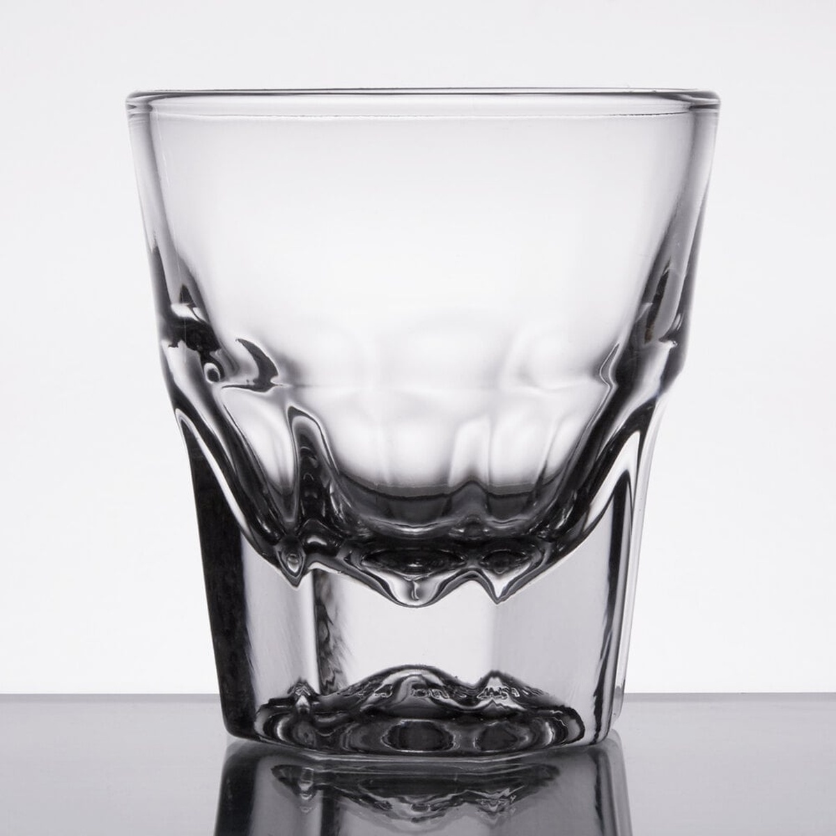 Libbey Gibraltar 4.5 oz. rocks glass showing thick sham base and paneled design