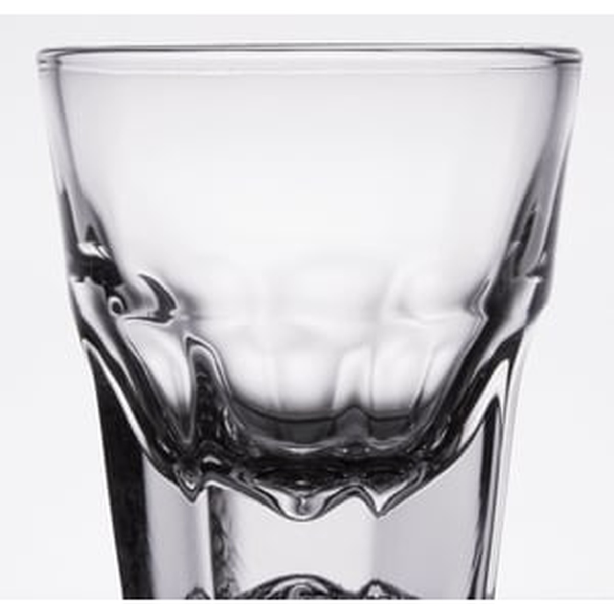 Close-up detail of the Libbey Gibraltar glass paneled design and thick base