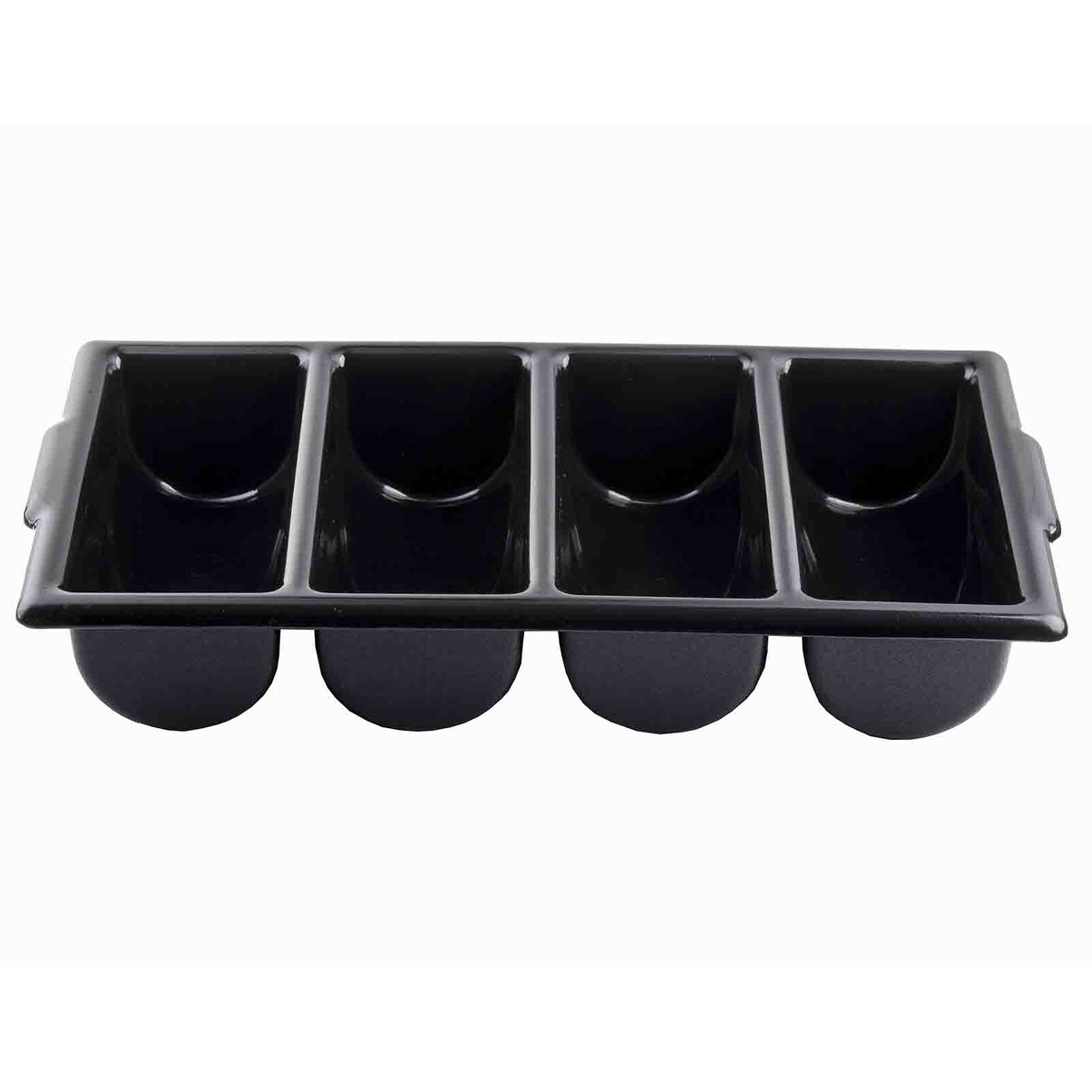 TableCraft 1524B black 4-compartment cutlery bin, top-down view showing four equal sections