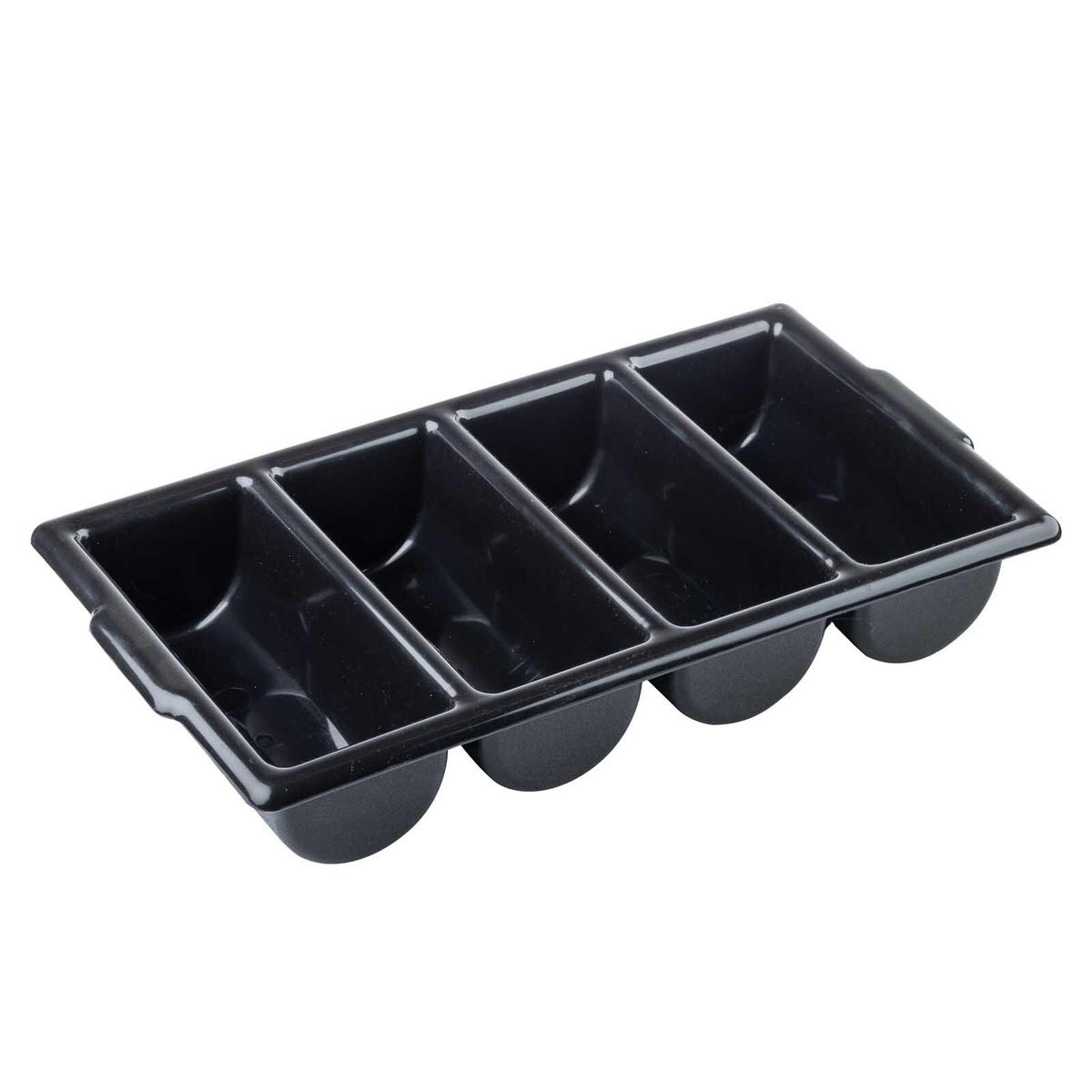 TableCraft 1524B black cutlery bin, angled perspective showing molded handles and compartment depth