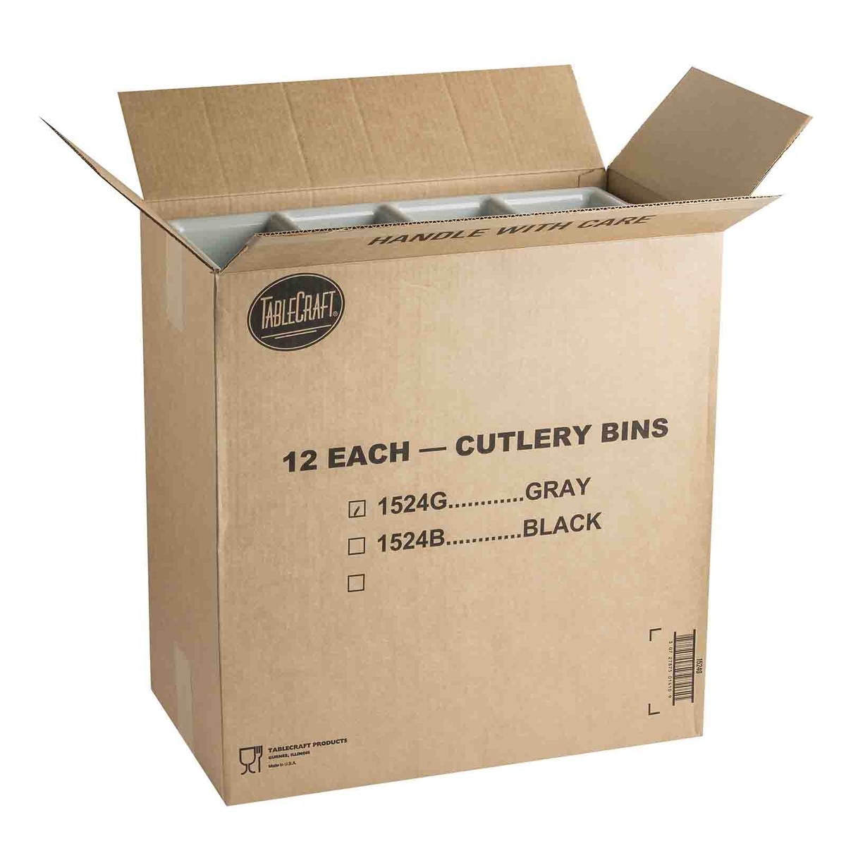 Open TableCraft master shipping carton displaying gray 1524G cutlery bins packed 12 per case