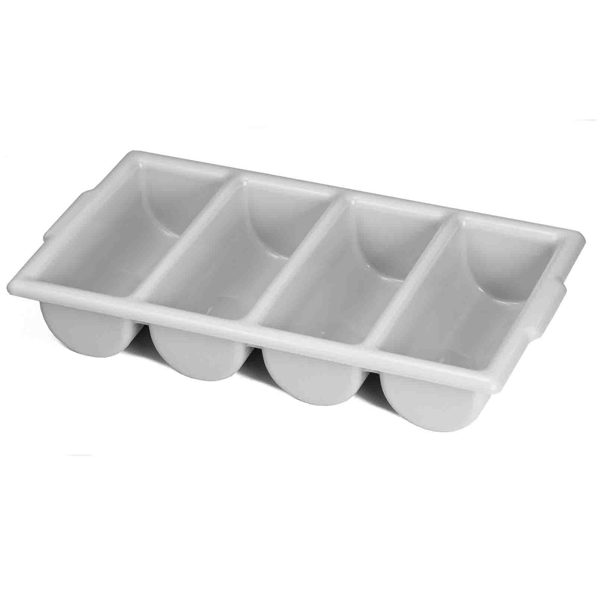 TableCraft 1524G gray 4-compartment HDPE cutlery bin, angled view showing all four open compartments and ribbed base