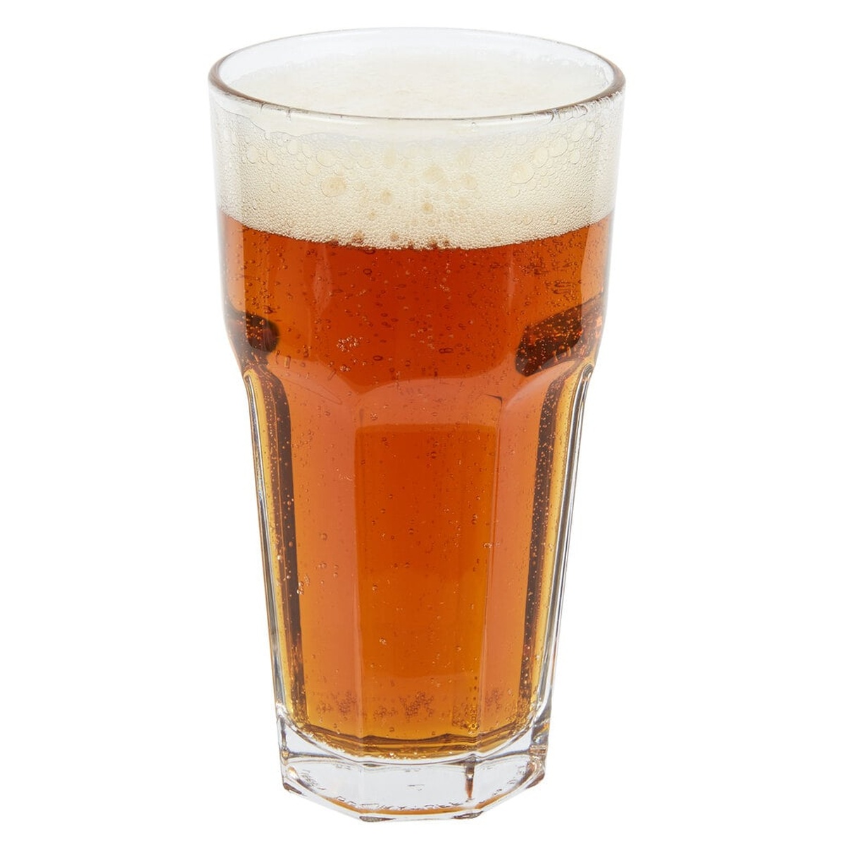 Libbey Gibraltar 16 oz. cooler glass filled with amber beer and foam head on white background