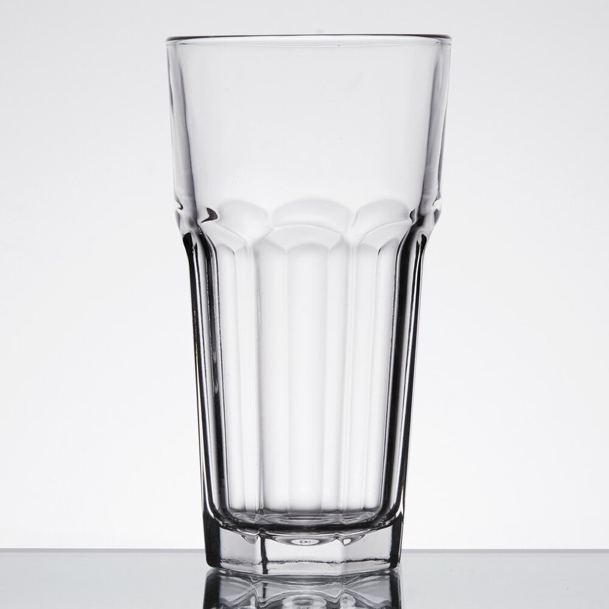 Libbey Gibraltar 16 oz. cooler glass, empty, showing paneled profile from a slightly different angle