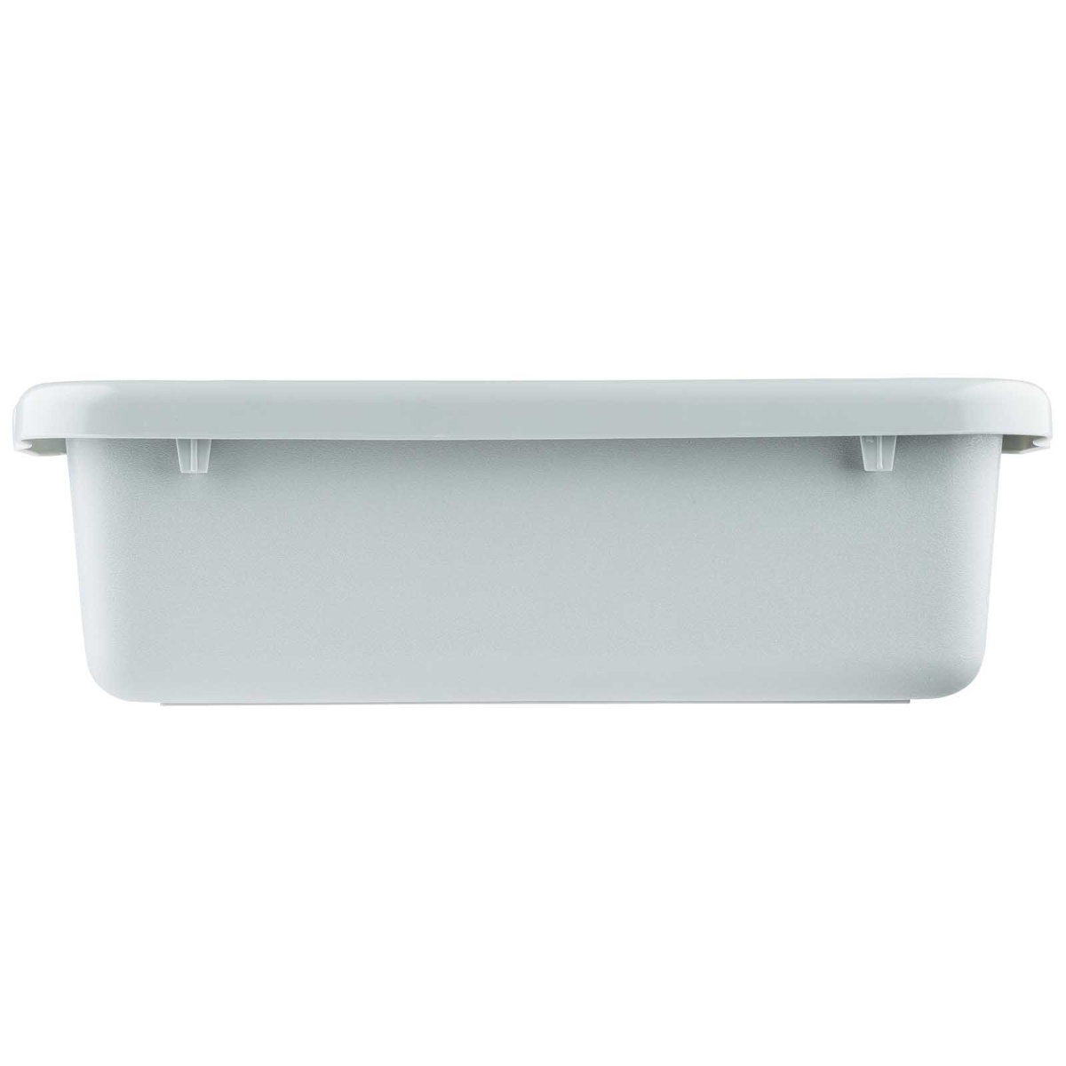Side profile view of TableCraft 1527G gray undercounter bus tub showing reinforced side handles