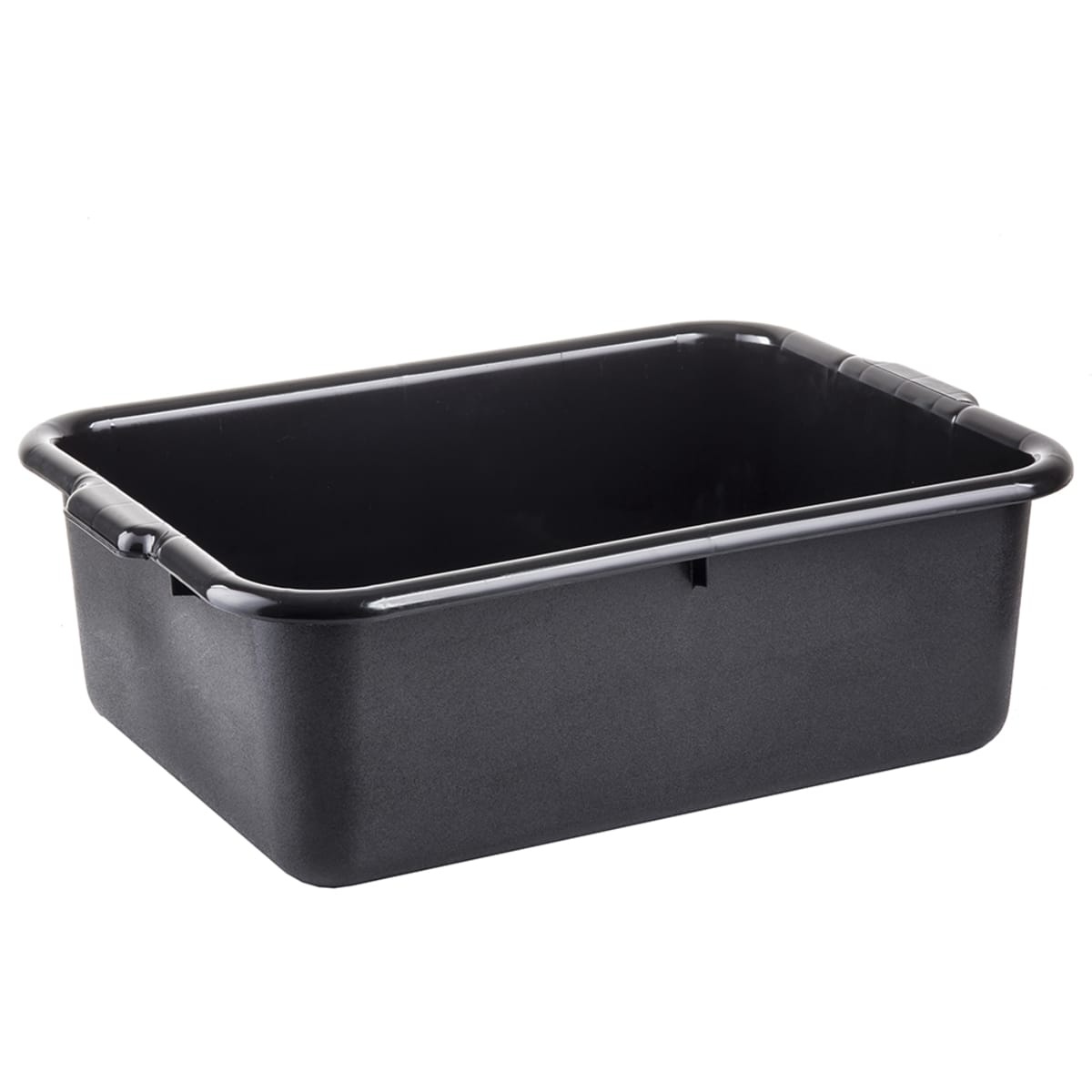 Tablecraft 1537B black polyethylene bus tub with reinforced side handles, angled top view