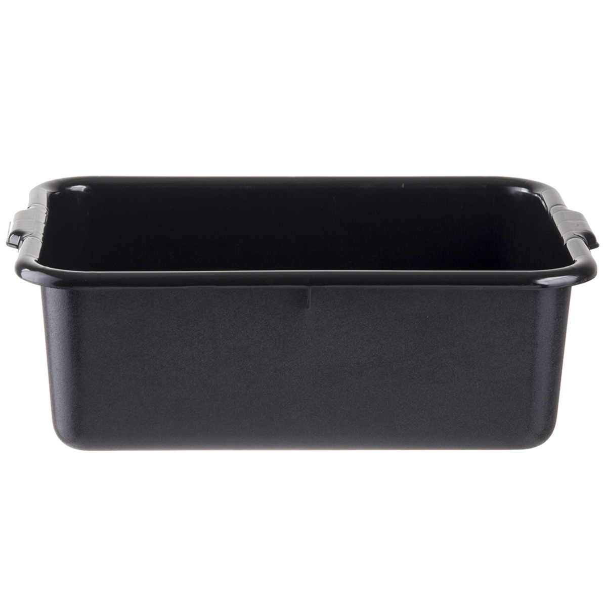 Tablecraft 1537B black bus tub, straight-on front view showing pebbled exterior texture and side handle