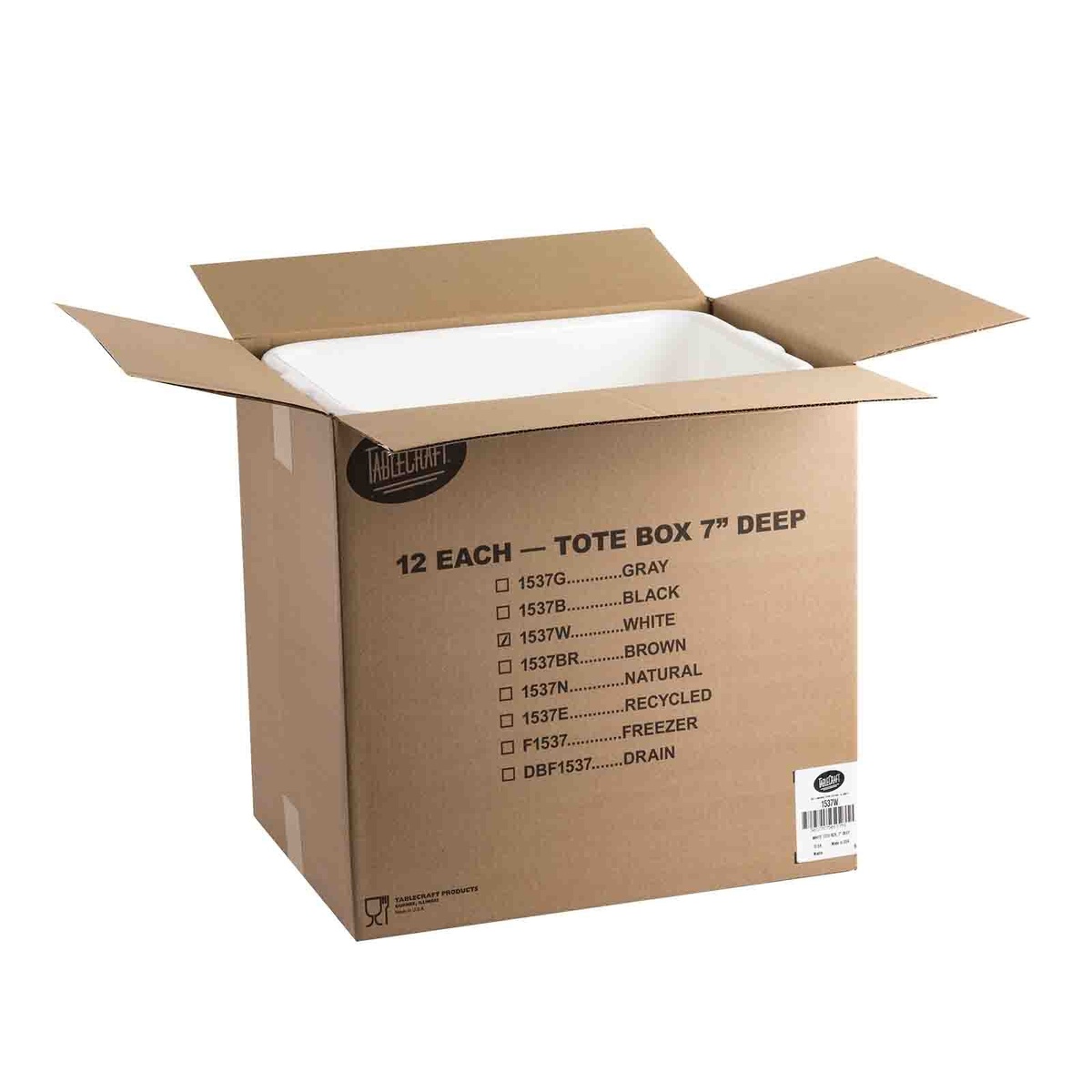 TableCraft 1537W white tote box shown inside open Tablecraft shipping carton labeled 12 each tote box 7 inch deep
