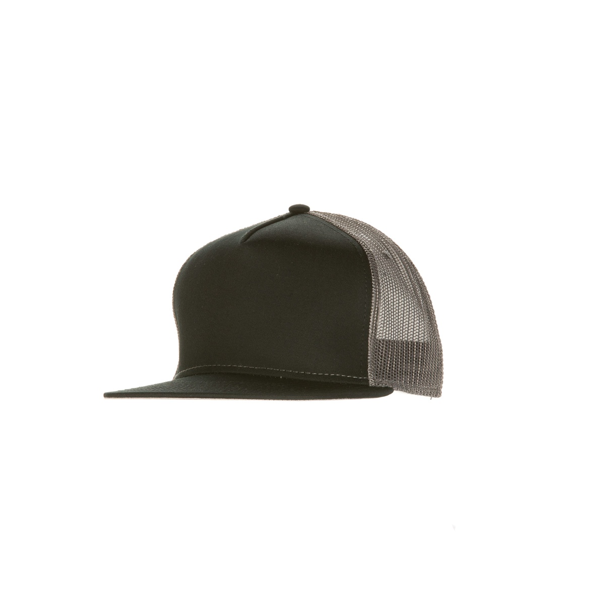 Chef Works Skater Hat side profile showing black cotton twill front and charcoal gray polyester mesh back