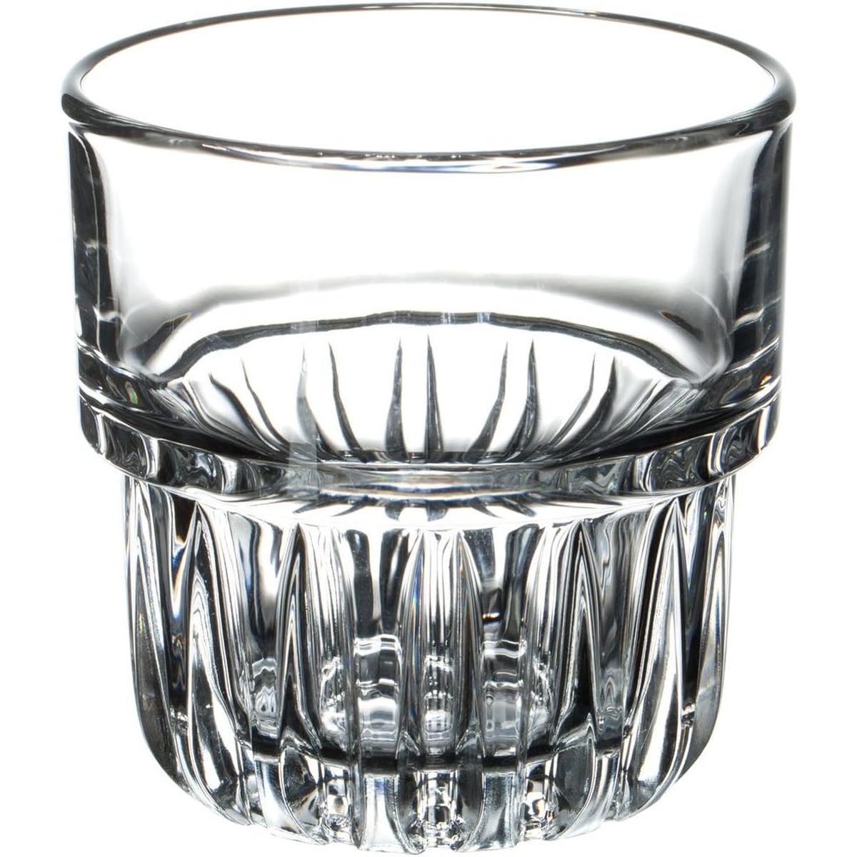 Libbey 15432 Everest rocks glass angled view highlighting the wide mouth and textured lower half