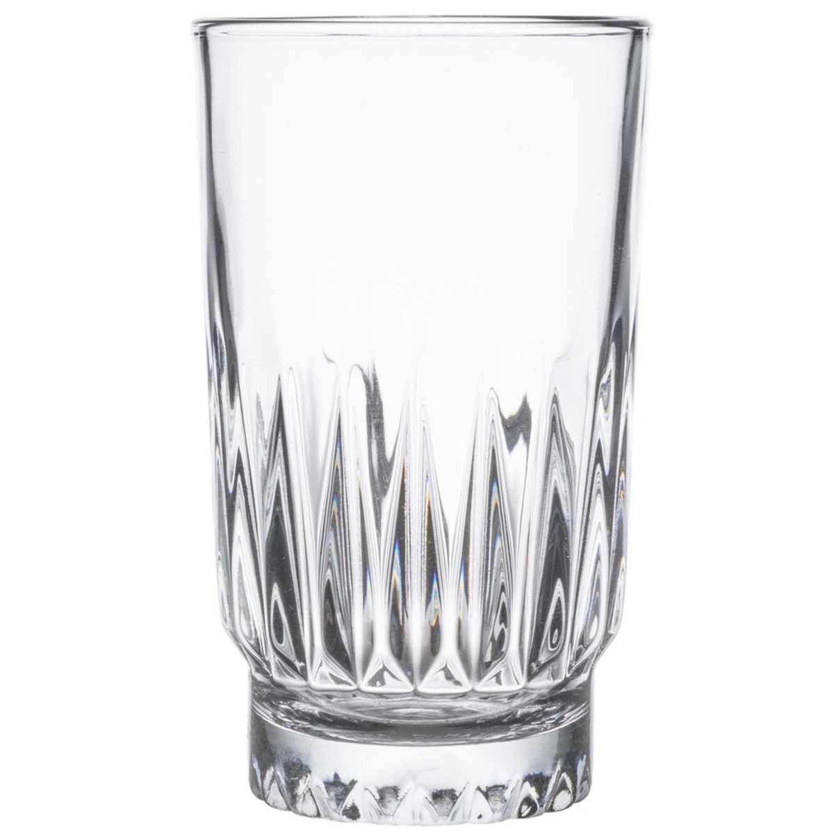 Libbey Winchester 15451 6.75 oz DuraTuff highball glass with faceted base and peaked ridges on white background